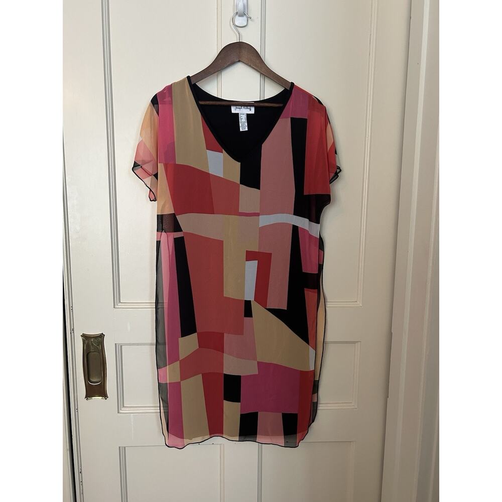 Joseph Ribkoff Geometric Sheer Overlay Sheath Dress Womens Size 4 Pink Groovy